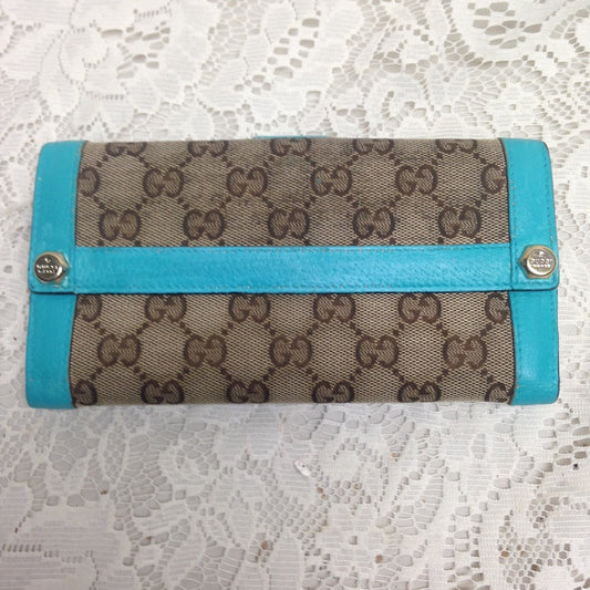 Gucci Brown Canvas -Teal Leather Trim Long Wallet