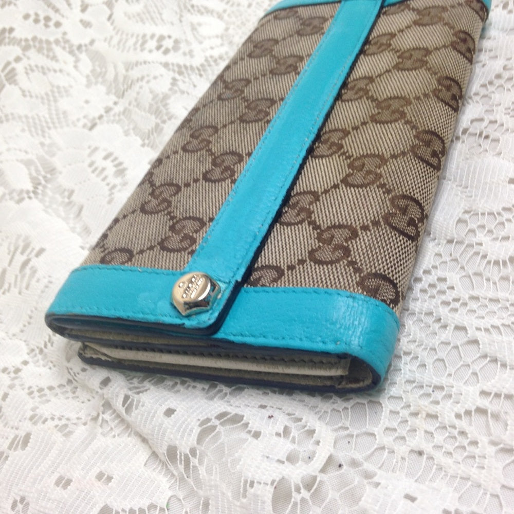 Gucci Brown Canvas -Teal Leather Trim Long Wallet
