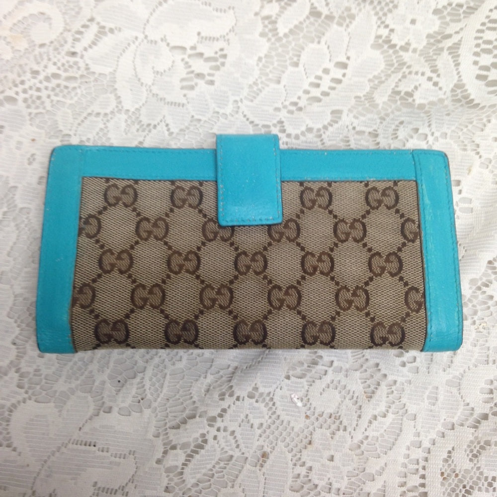 Gucci Brown Canvas -Teal Leather Trim Long Wallet