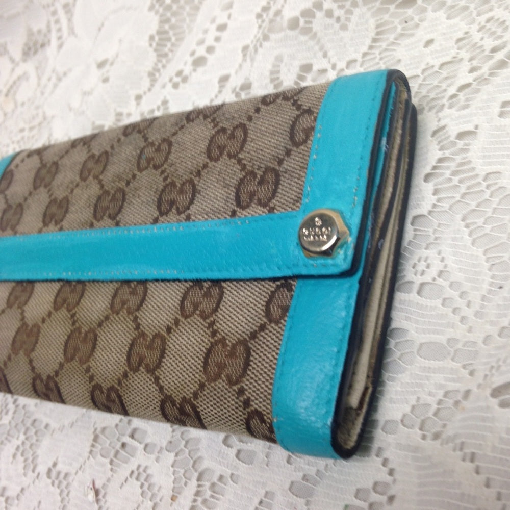 Gucci Brown Canvas -Teal Leather Trim Long Wallet