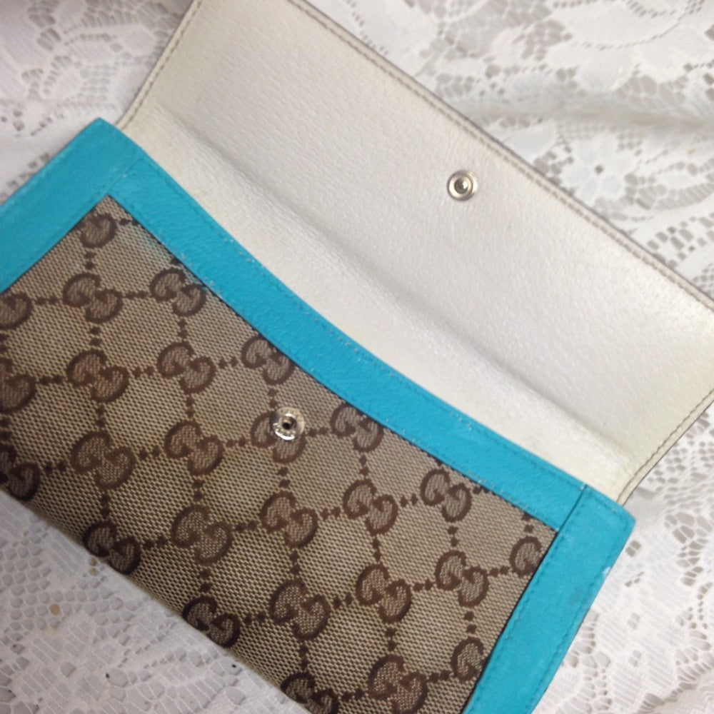 Gucci Brown Canvas -Teal Leather Trim Long Wallet