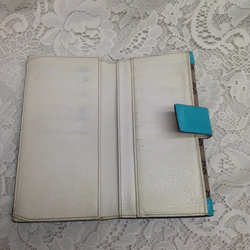 Gucci Brown Canvas -Teal Leather Trim Long Wallet