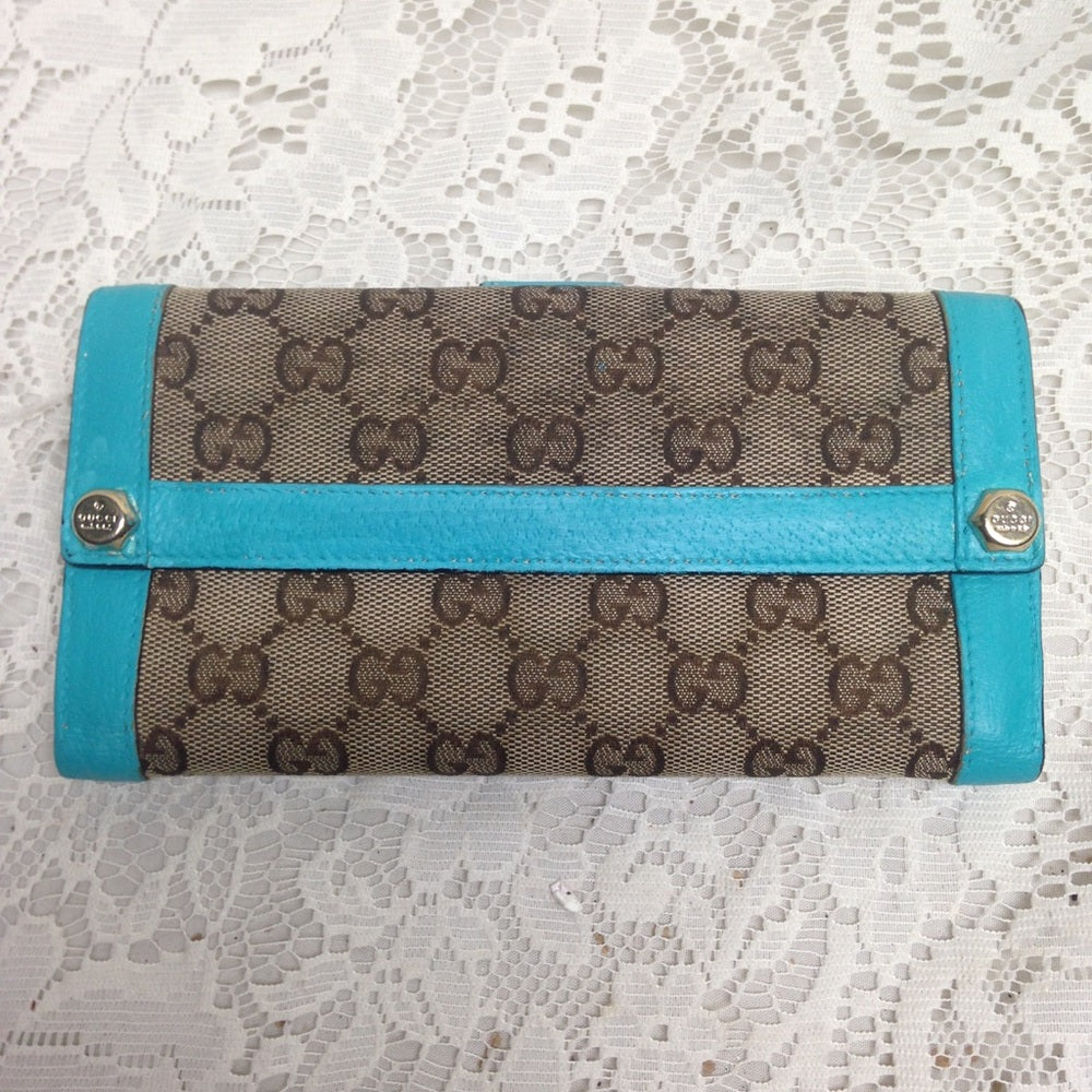 Gucci Brown Canvas -Teal Leather Trim Long Wallet