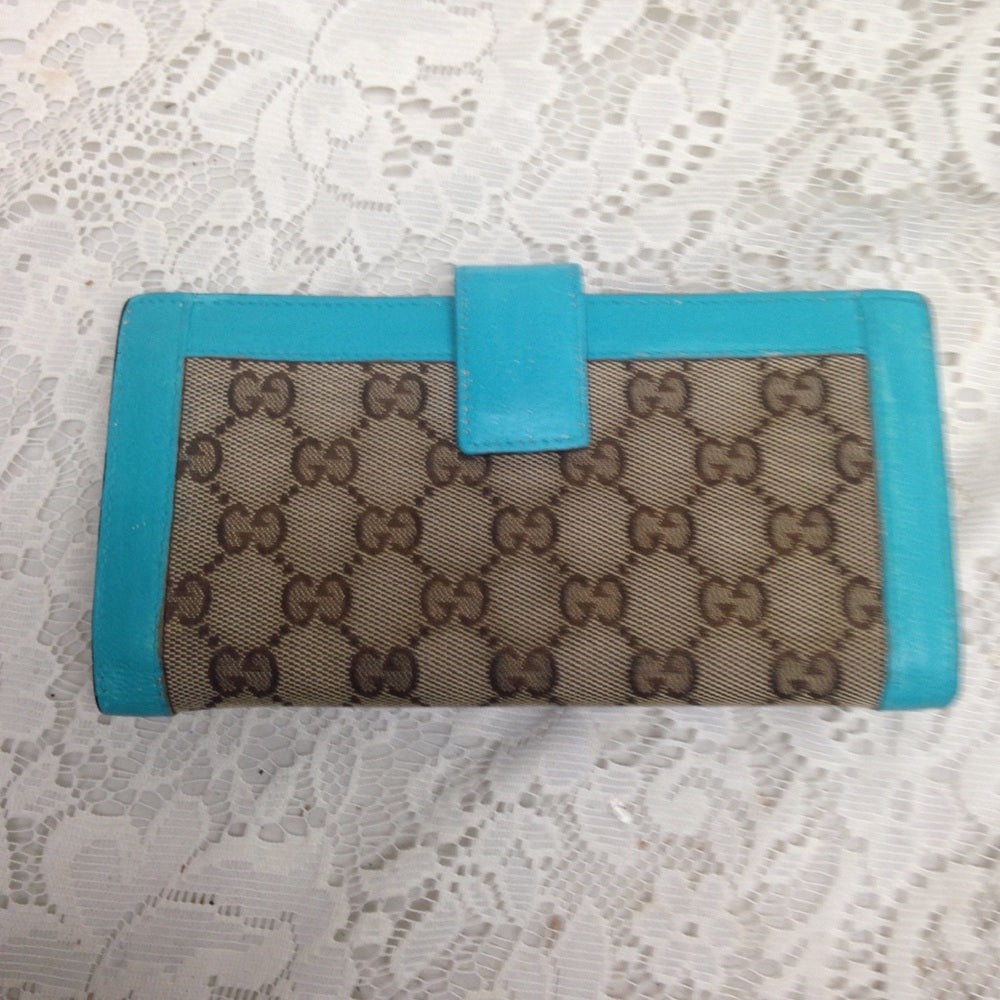 Gucci Brown Canvas -Teal Leather Trim Long Wallet