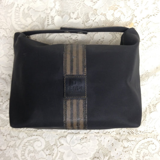 Fendi, Rare, Black Nylon Pequin Stripes Trim Pouch