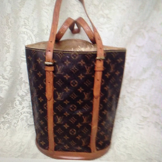 Authentic Louis Vuitton Brown Mono GM Bucket  SBag
