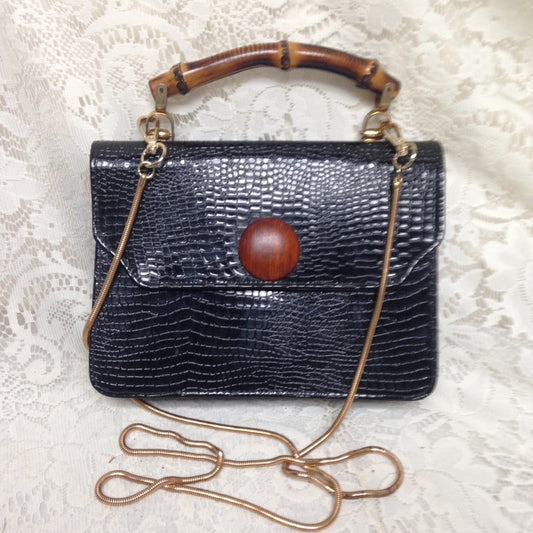 Elegant Embossed Black Croc Handbag-Crossbody