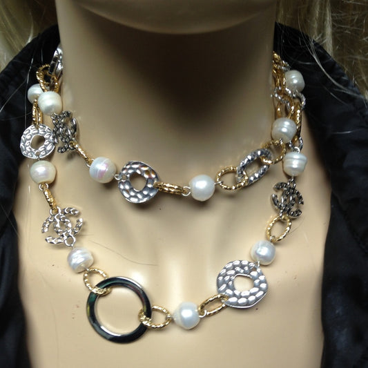 Elegant 33-inch Long Gold, Silver Pearl Necklace