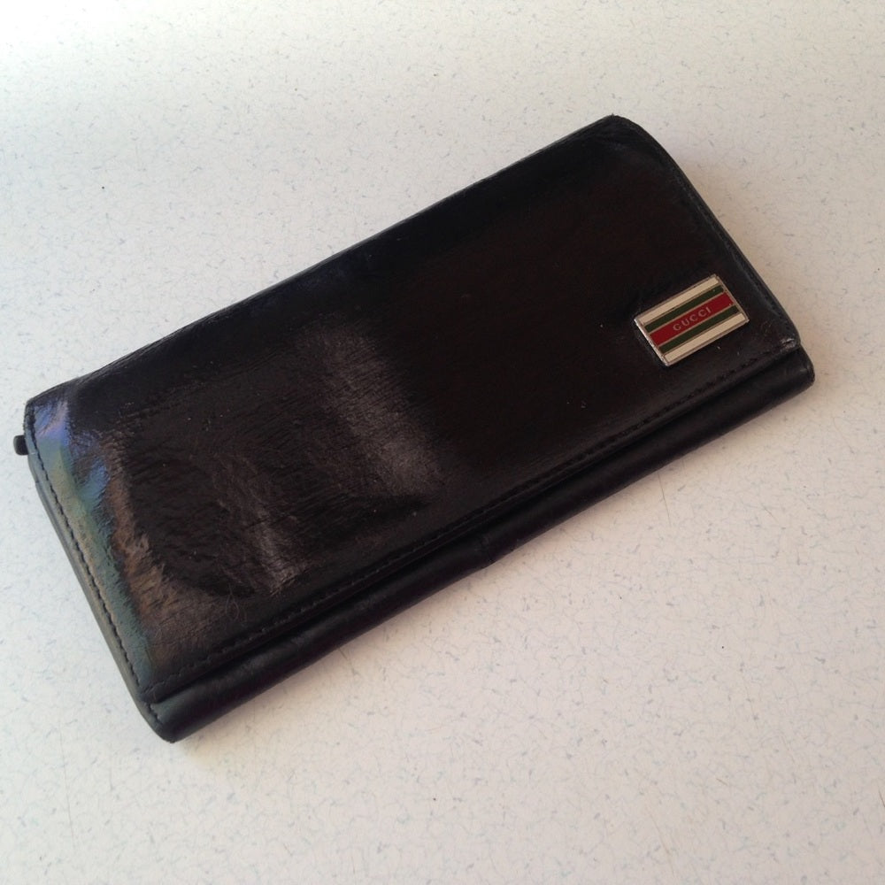 Vintage, Authentic,Gucci Black Leather Long Wallet