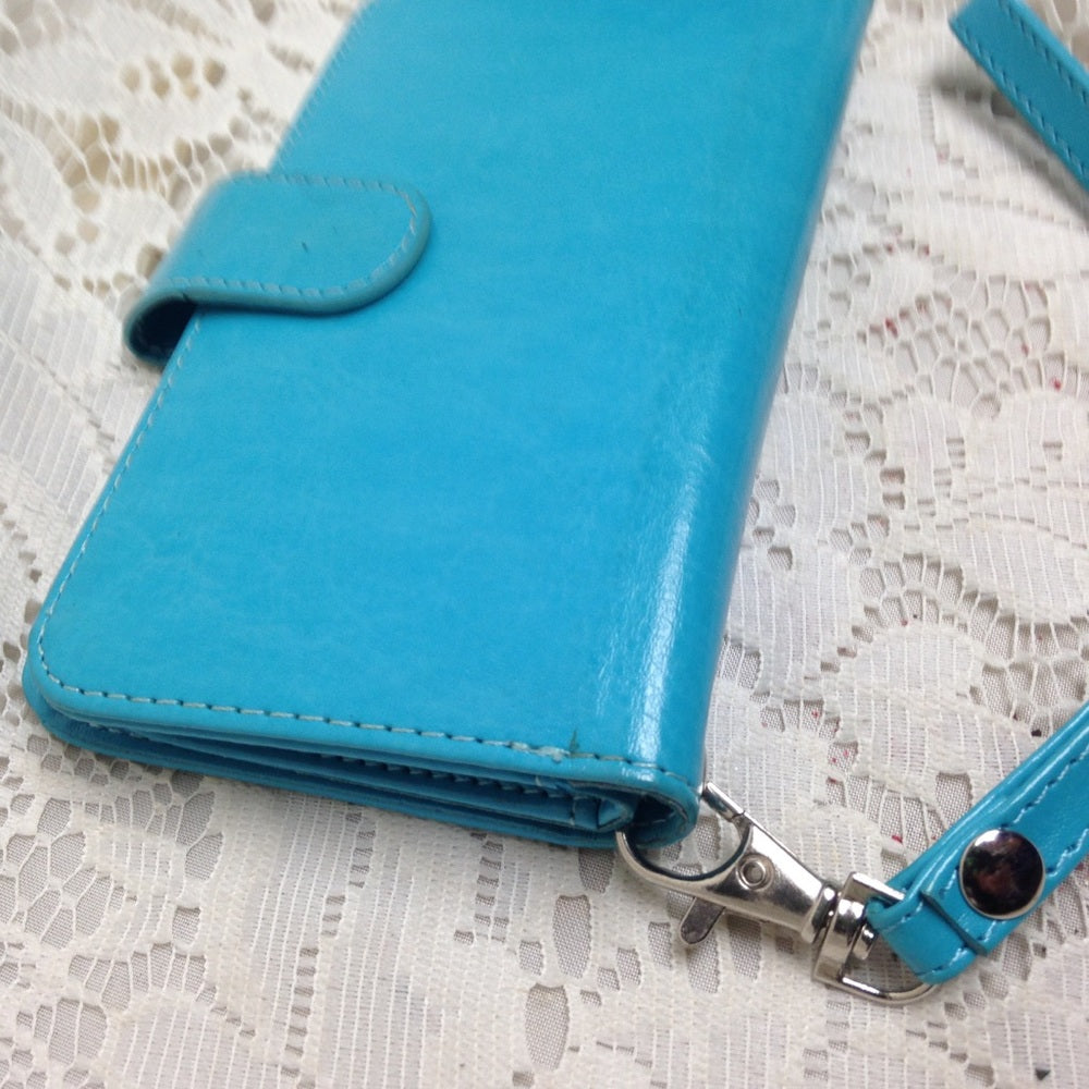 Aqua Blue Leather Wallet-Phone Case 3.5in x 5.75in