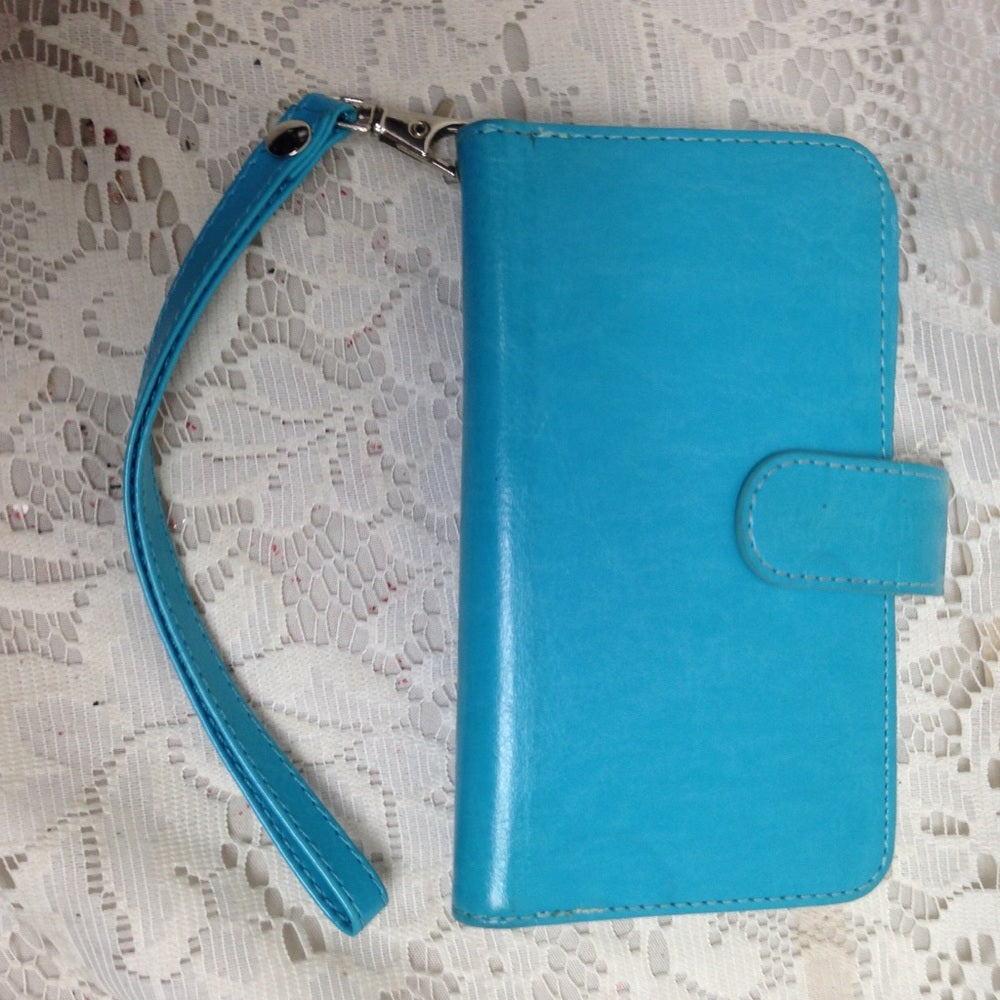 Aqua Blue Leather Wallet-Phone Case 3.5in x 5.75in