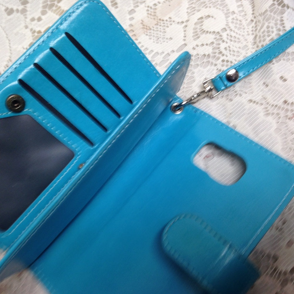 Aqua Blue Leather Wallet-Phone Case 3.5in x 5.75in