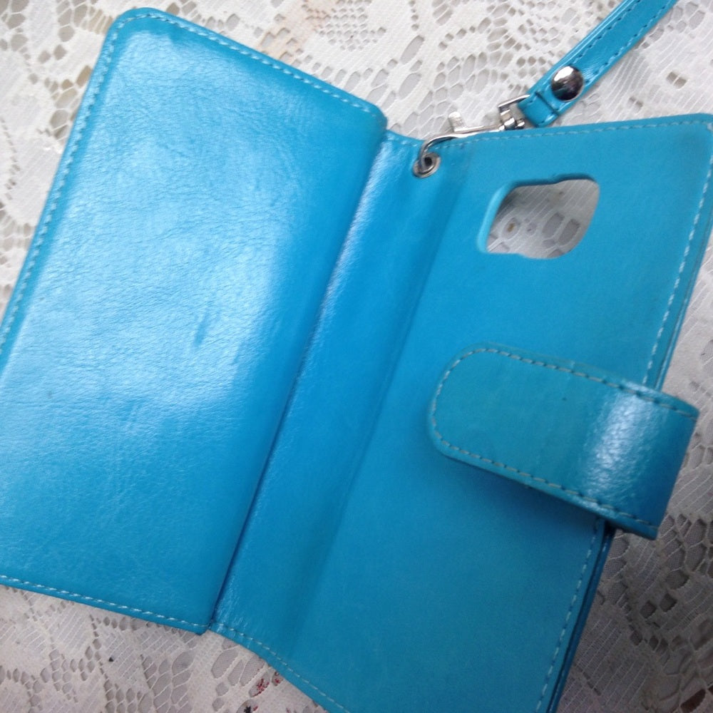 Aqua Blue Leather Wallet-Phone Case 3.5in x 5.75in