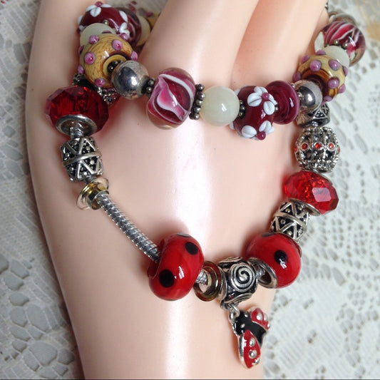 2 European Glass Beaded Silver Bracelet
