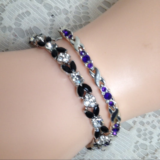 2pc Lot  Black and Purple Rhinestone Bracelets