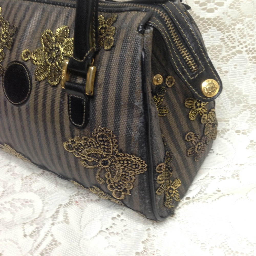 Authentic Black Pekin Strip Handbag-Crossbody
