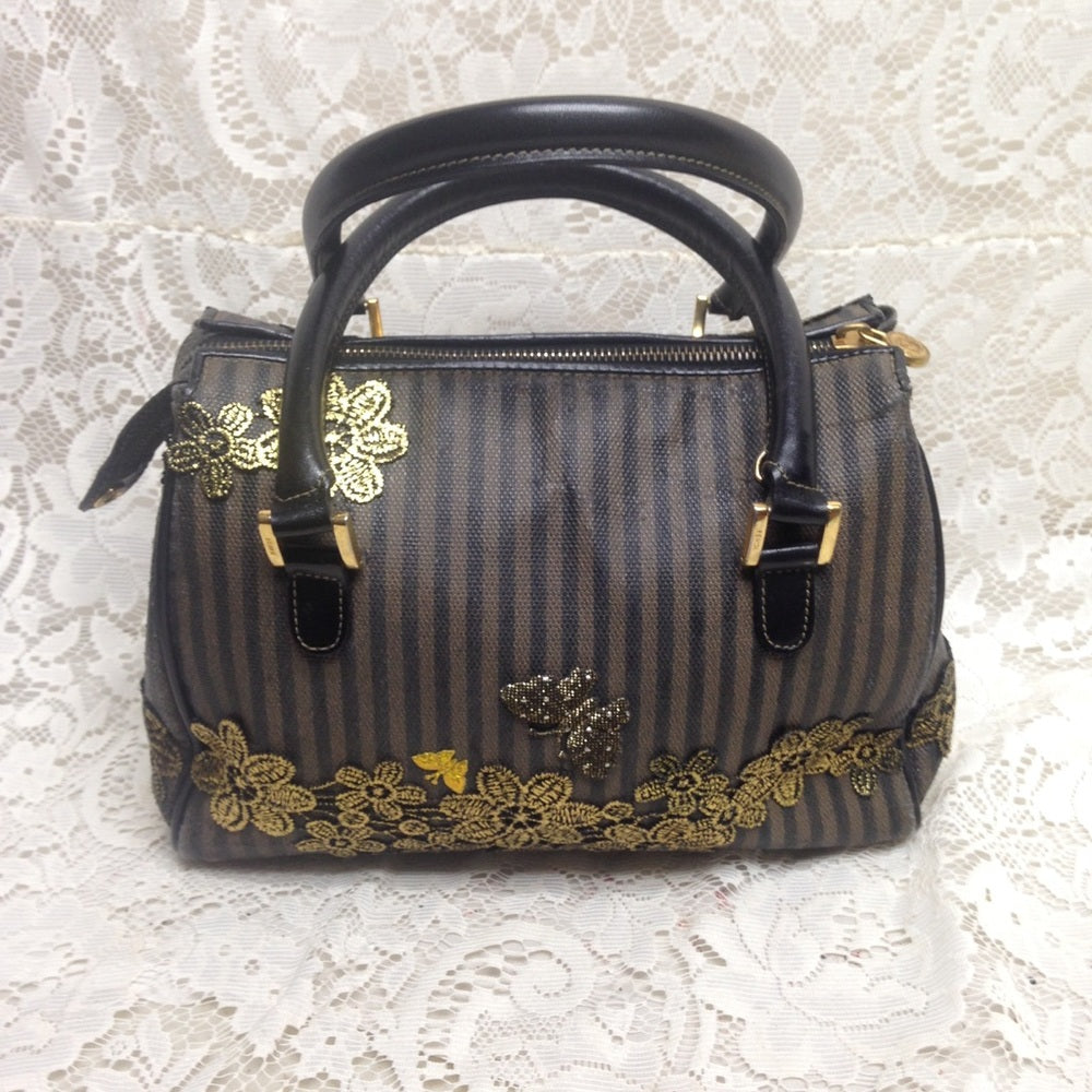 Authentic Black Pekin Strip Handbag-Crossbody