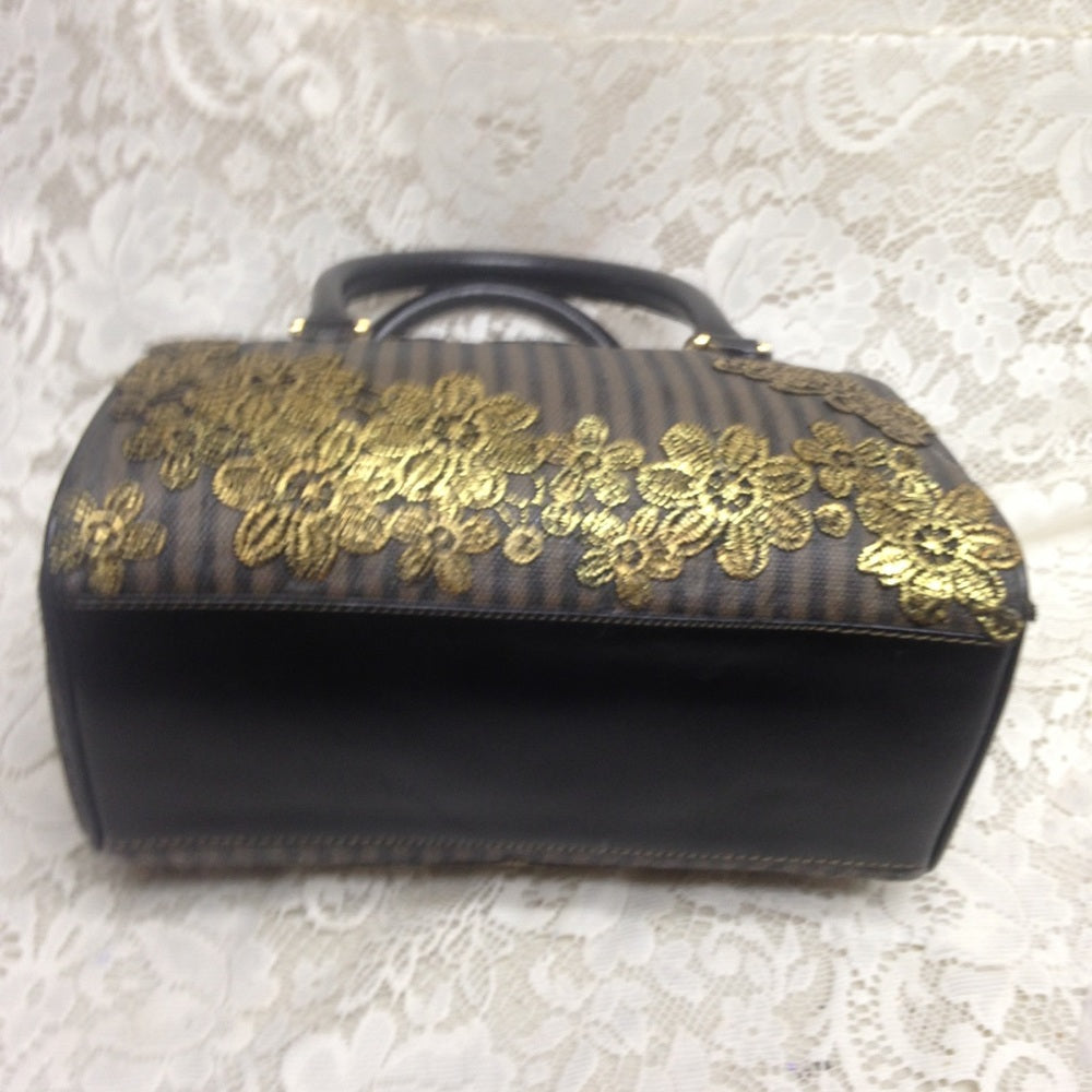Authentic Black Pekin Strip Handbag-Crossbody