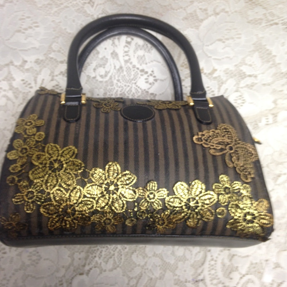 Authentic Black Pekin Strip Handbag-Crossbody