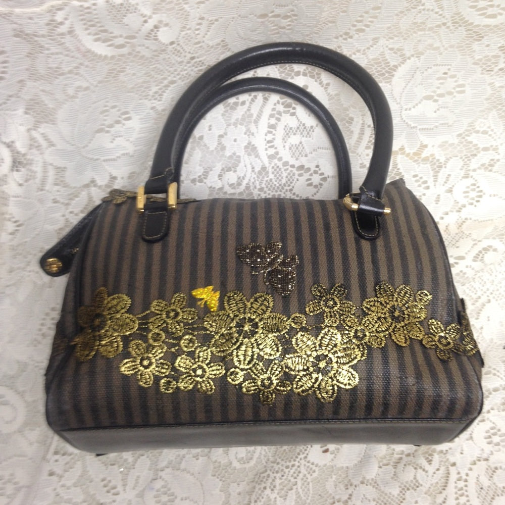 Authentic Black Pekin Strip Handbag-Crossbody