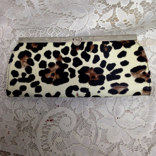 Faux Leopard Leather Kisslock Clutch 8.5in x 4in