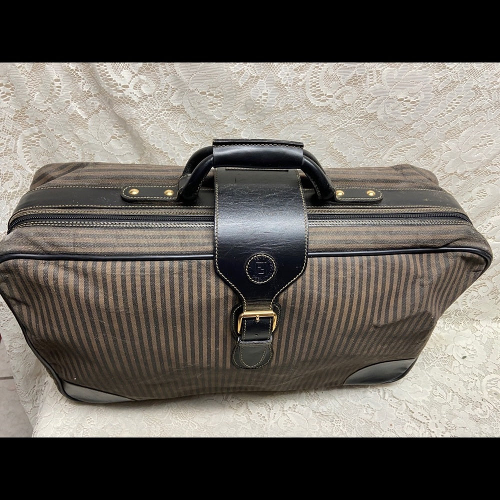 Vintage, Rare Fendi Pequin Stripes Coated Canvas Large Luggage 23inx14inx7in