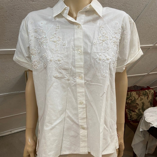 Premier International, White Beaded Blouse - Size L-XL