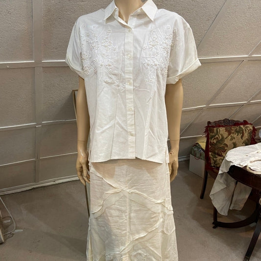 White Beaded Blouse and Linen Skirt Outfit Set