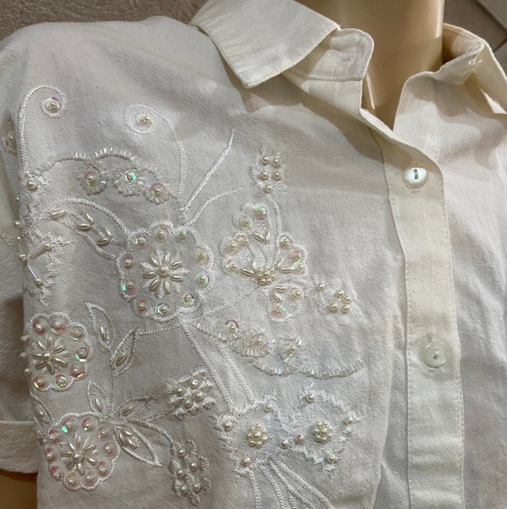 White Beaded Blouse and Linen Skirt Outfit Set