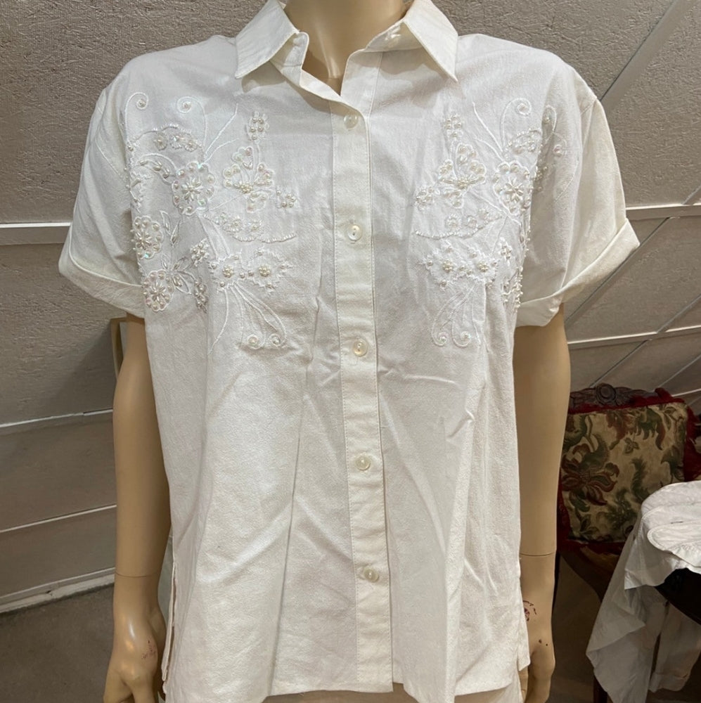White Beaded Blouse and Linen Skirt Outfit Set