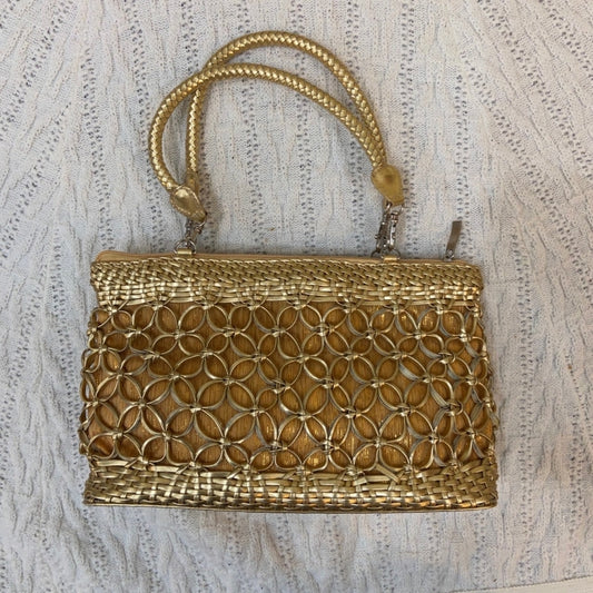 Gold Cut-Out Floral Hand Bag with Braided Handle