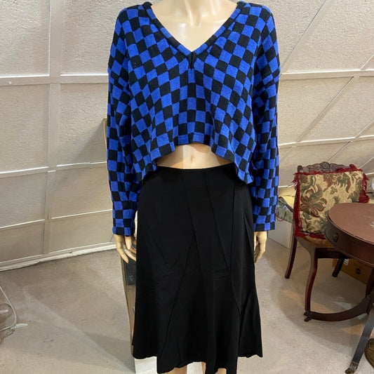 Blue Plaid Cropped Sweater and Black Skirt Outfit Set