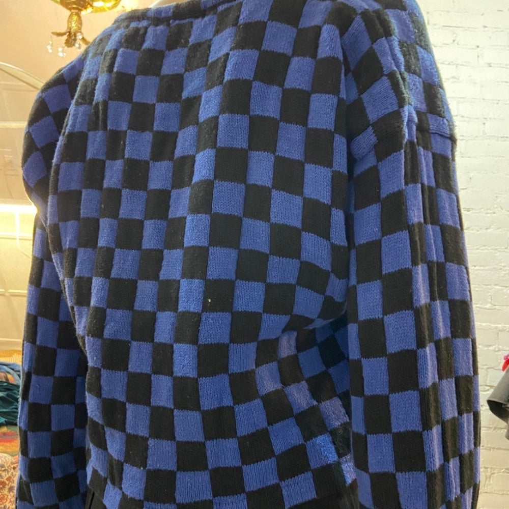 Blue Plaid Cropped Sweater and Black Skirt Outfit Set