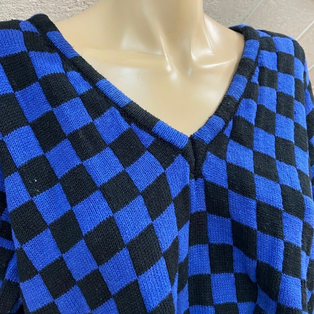 Blue Plaid Cropped Sweater and Black Skirt Outfit Set