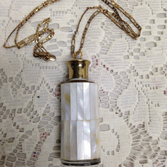 Vintage Mother of Pearl Perfume Bottle -Pendant -20in 18KGF Chain Necklace