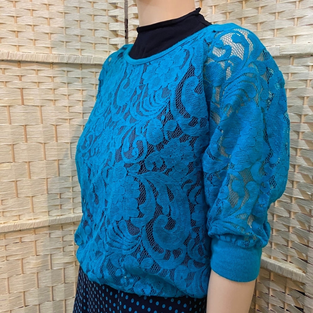 3pc Eyelash Couture, Aqua Blue Lace Top and Blue Polka Dot Skirt Outfit Set