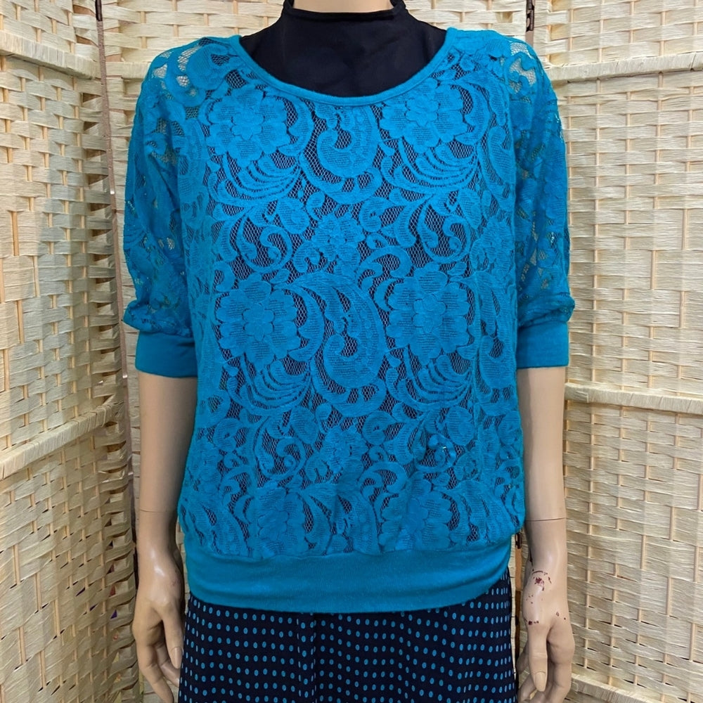 3pc Eyelash Couture, Aqua Blue Lace Top and Blue Polka Dot Skirt Outfit Set