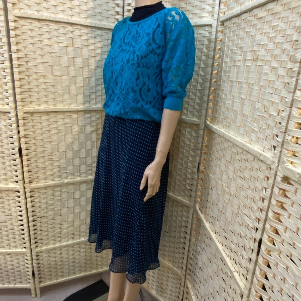 3pc Eyelash Couture, Aqua Blue Lace Top and Blue Polka Dot Skirt Outfit Set