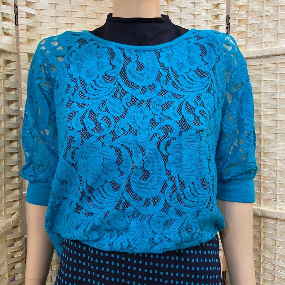 3pc Eyelash Couture, Aqua Blue Lace Top and Blue Polka Dot Skirt Outfit Set