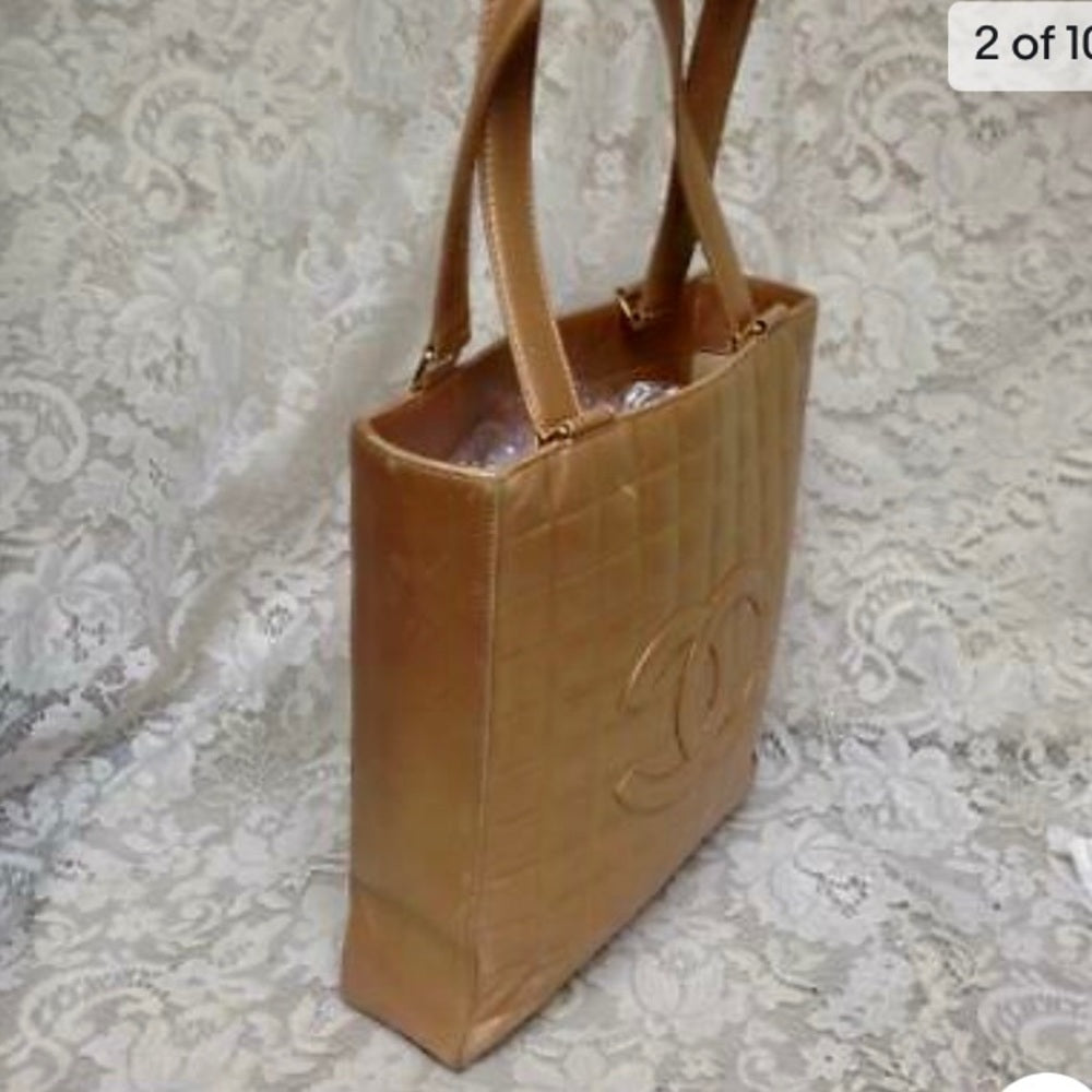 Authentic Chanel Gold Lambskin Chico Bar Handbag 11.5in x 11in x 3in