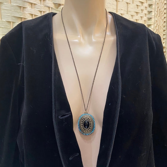 Vintage Faux Locket Aquamarine Rhinestone Necklace