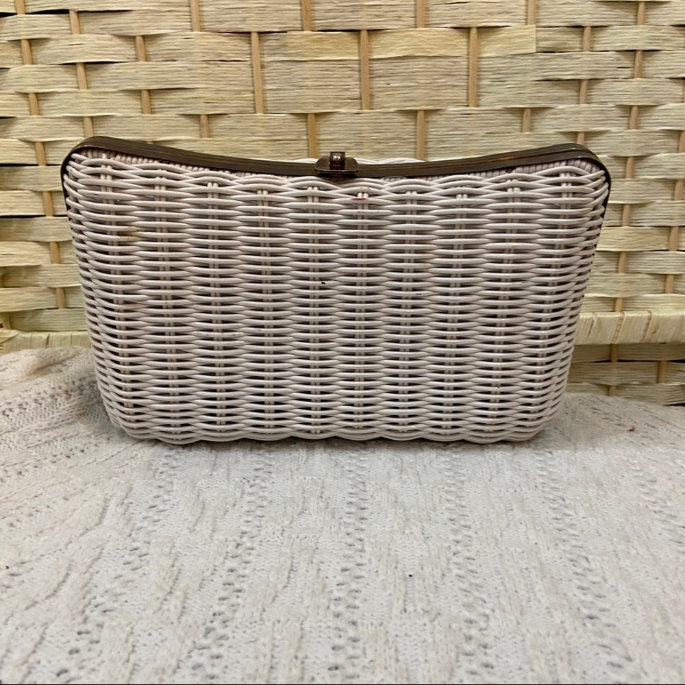 Vintage, 1950s White, Wicker Style 2-way Handbag-Crossbody 10in x 5.5in x 4in