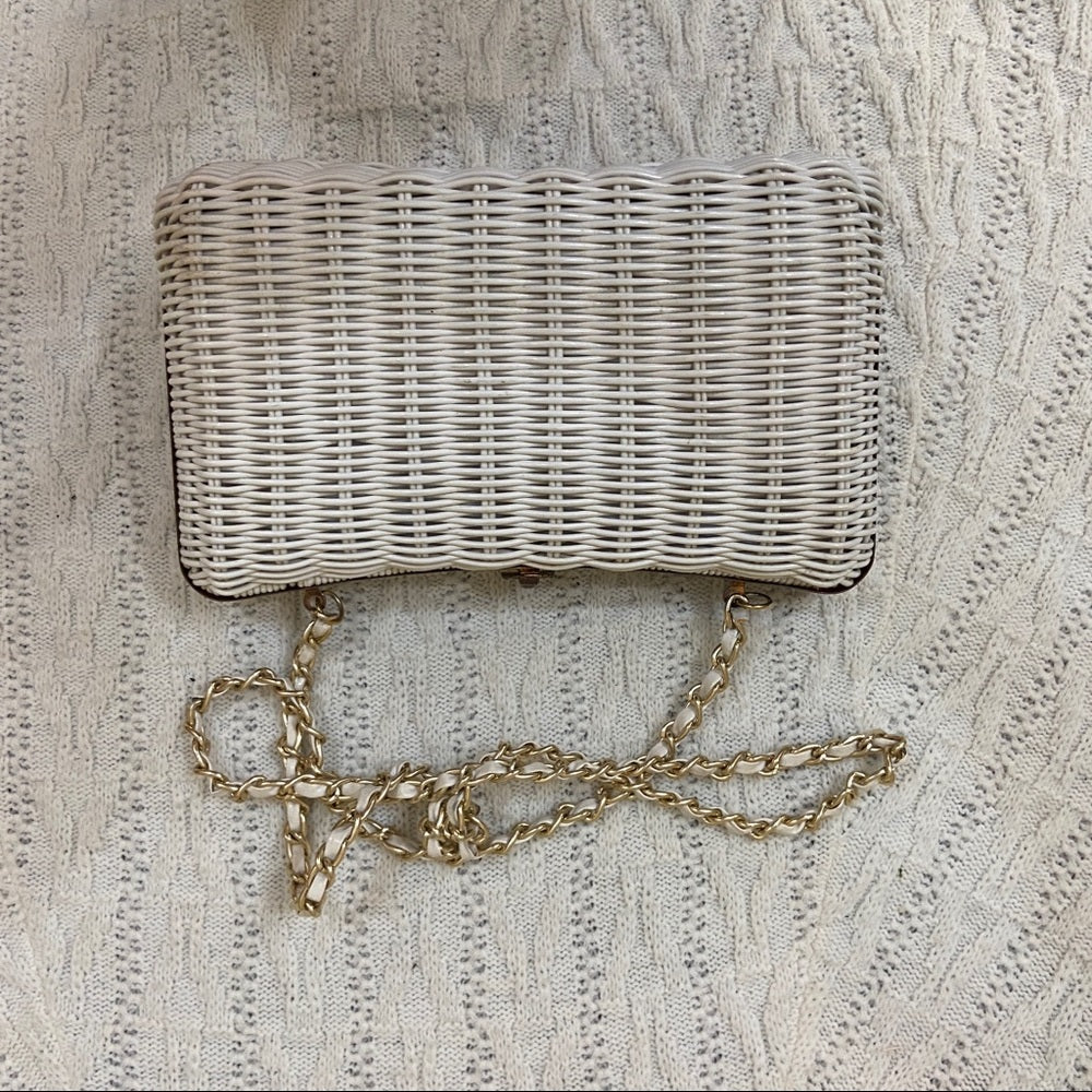 Vintage, 1950s White, Wicker Style 2-way Handbag-Crossbody 10in x 5.5in x 4in