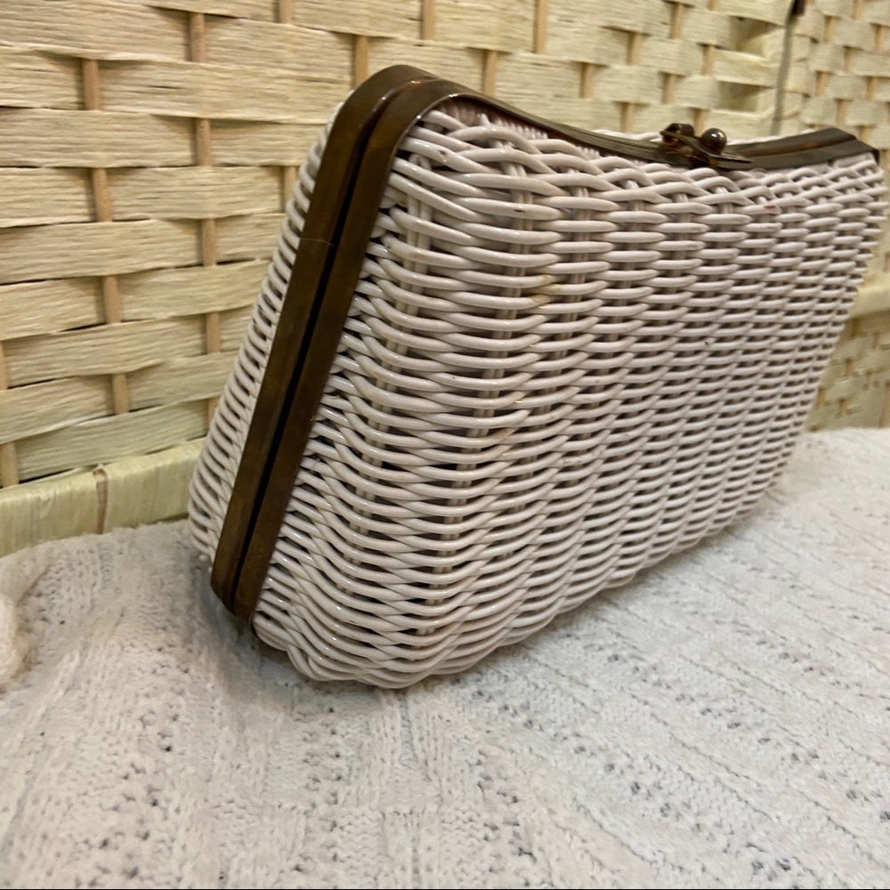 Vintage, 1950s White, Wicker Style 2-way Handbag-Crossbody 10in x 5.5in x 4in