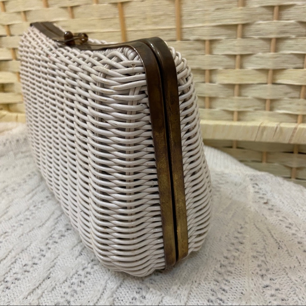 Vintage, 1950s White, Wicker Style 2-way Handbag-Crossbody 10in x 5.5in x 4in