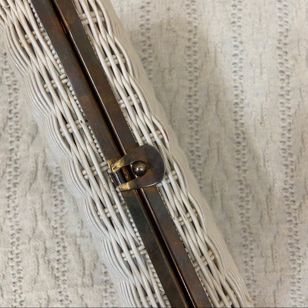 Vintage, 1950s White, Wicker Style 2-way Handbag-Crossbody 10in x 5.5in x 4in