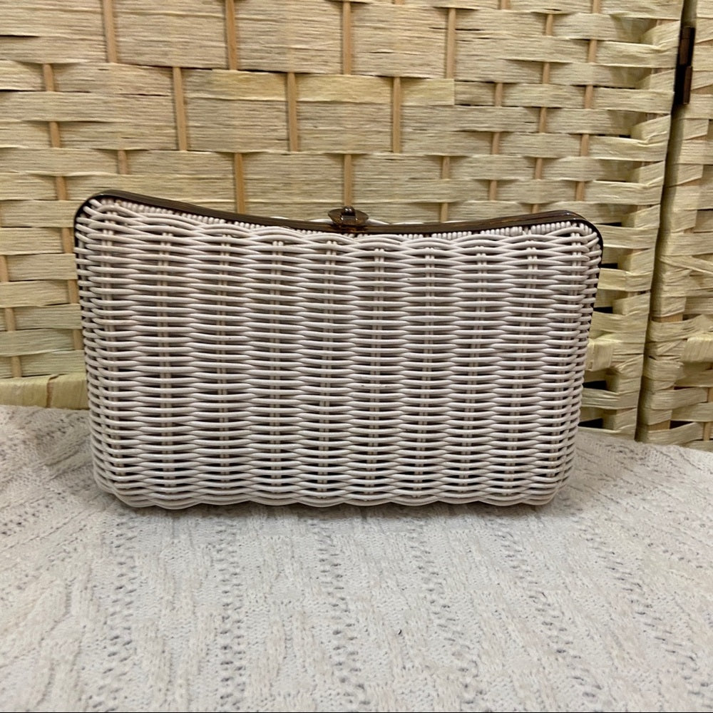 Vintage, 1950s White, Wicker Style 2-way Handbag-Crossbody 10in x 5.5in x 4in