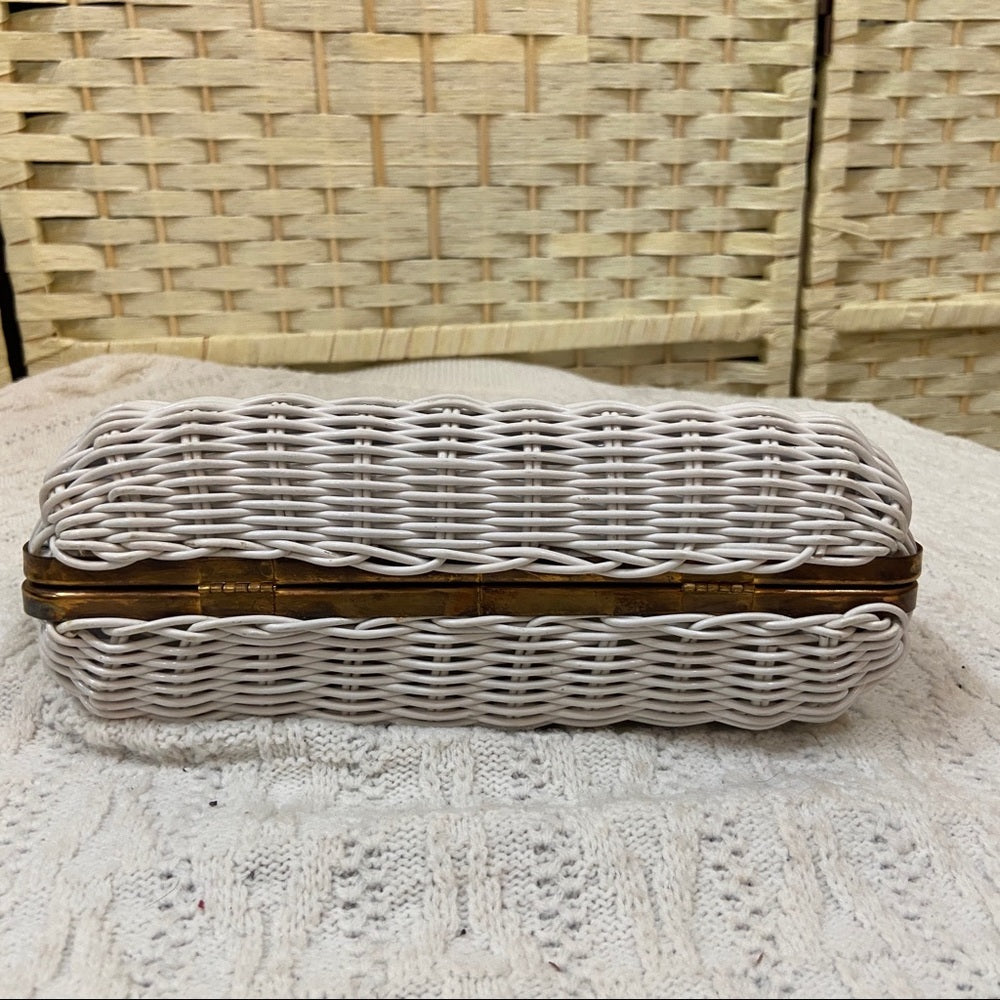 Vintage, 1950s White, Wicker Style 2-way Handbag-Crossbody 10in x 5.5in x 4in