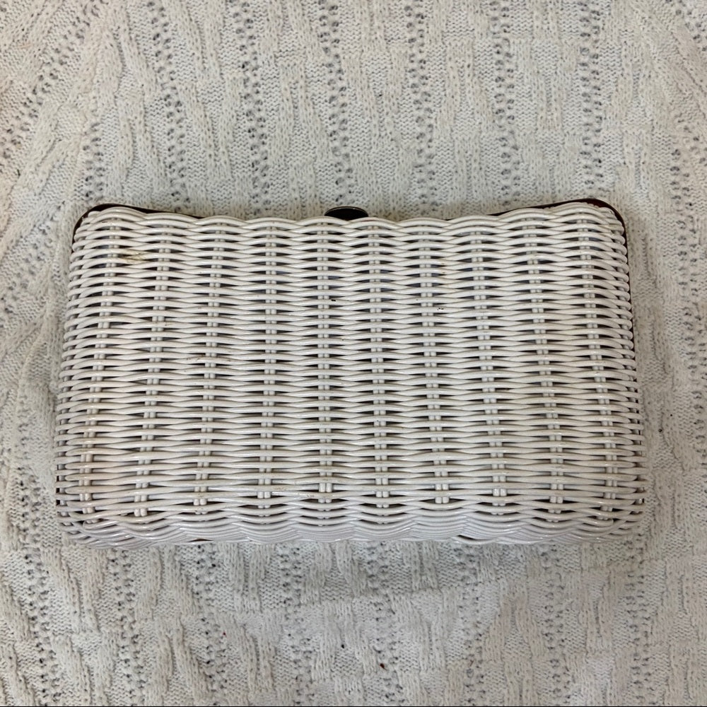 Vintage, 1950s White, Wicker Style 2-way Handbag-Crossbody 10in x 5.5in x 4in