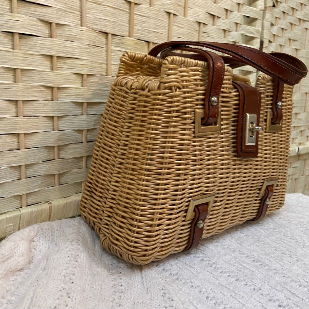 Vintage , 1950s Adoria, Brown Wicker Style Handbag 11in x 7in x 4in
